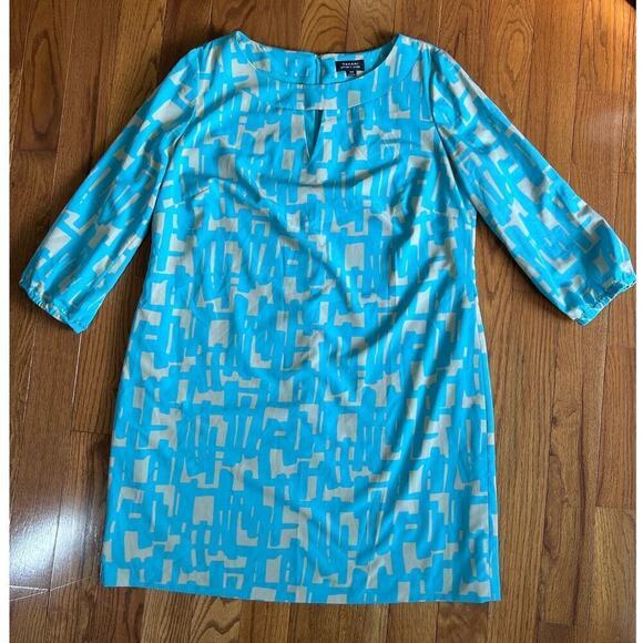 Tahari Graphic Print Crepe de Chine Shift Dress, Keyhole, Turquoise, size 14W - Picture 12 of 14